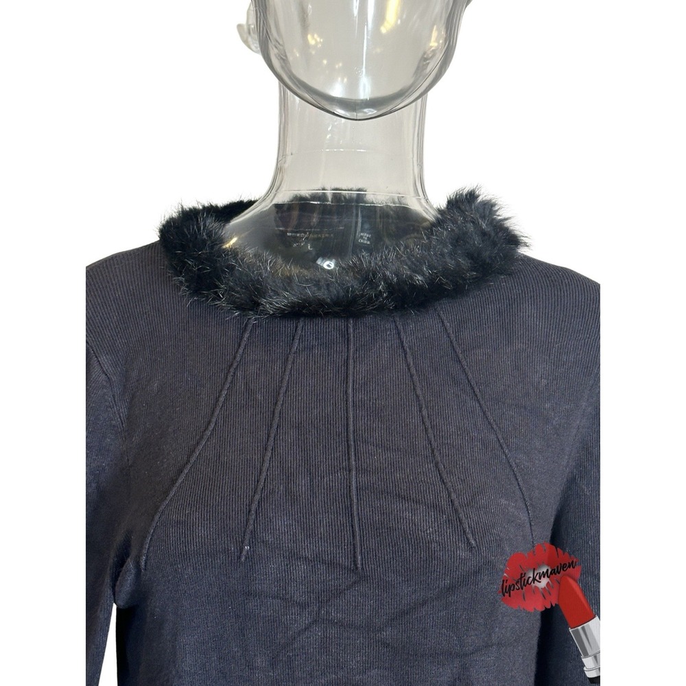Vintage BCBG Maxazria Sweater‎ Women Large Black Long Sleeve Faux Fur Trim Y2K - Picture 4 of 15